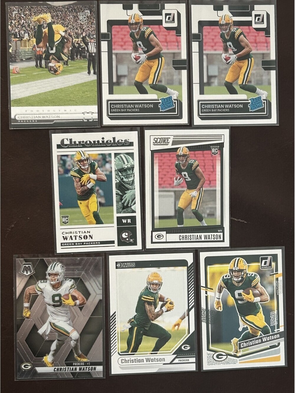 2022 CHRISTIAN WATSON 5 RC COLLECTION + 2023-25 MOSAIC/DONRUSS 3 CARD LOT NFL WR